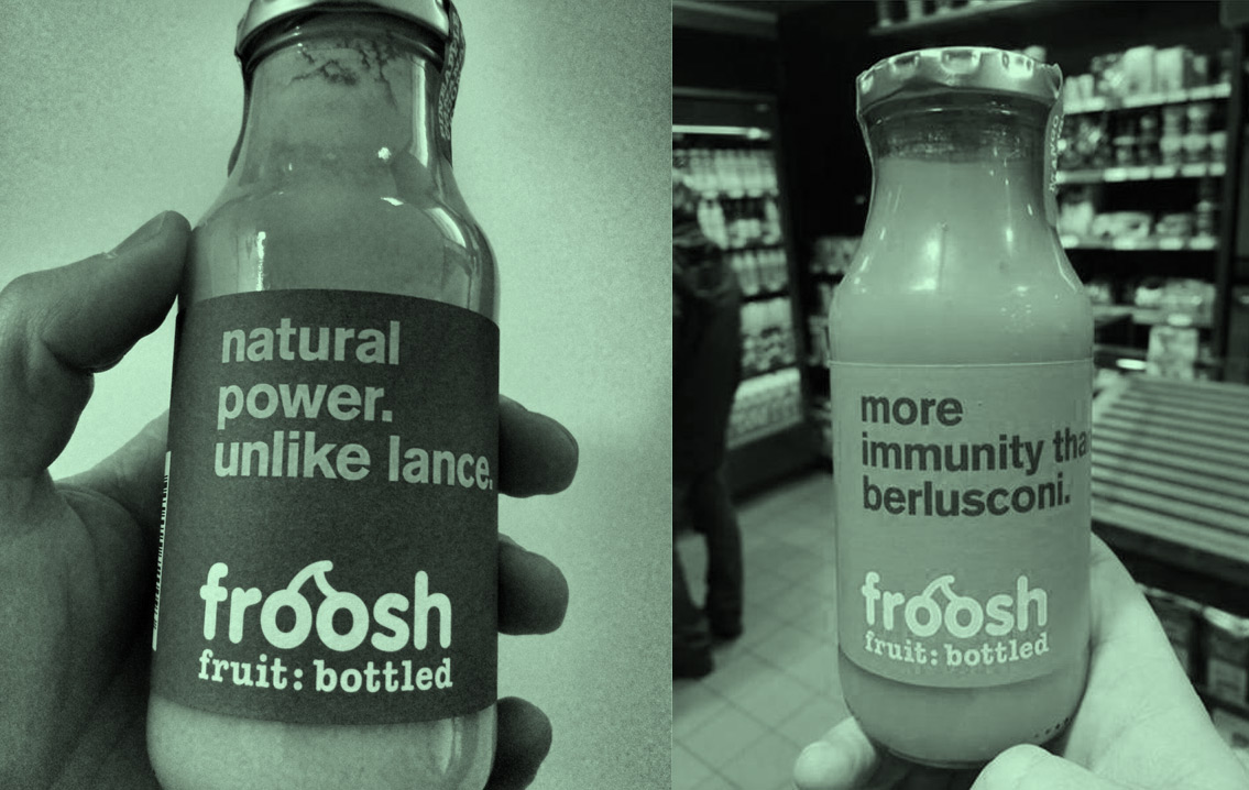 Labels from Froosh, a Swedish smoothie brand.